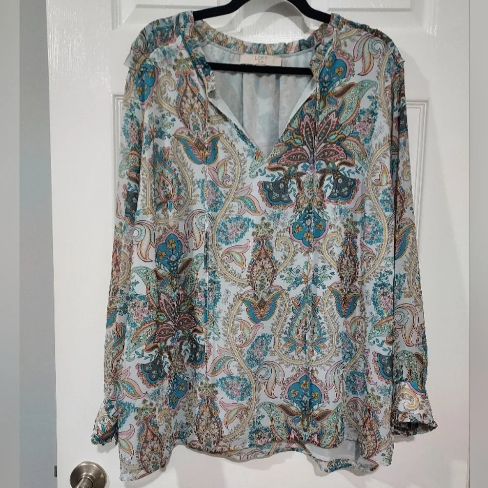 LOFT Plus Multicolored Paisley Print Long Sleeve Tie Neck Blouse in Size 22 - Picture 1 of 13